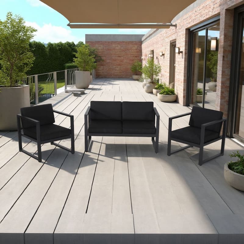 Novi 3pc Outdoor Set, 1 Loveseat, 2 Accent Chairs, Dark Gray Fabric, Metal