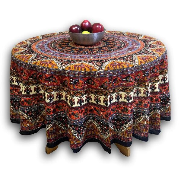 slide 2 of 16, Cotton Mandala Floral Elephant Printed Tablecloth Collection 76-inch Round - Brown
