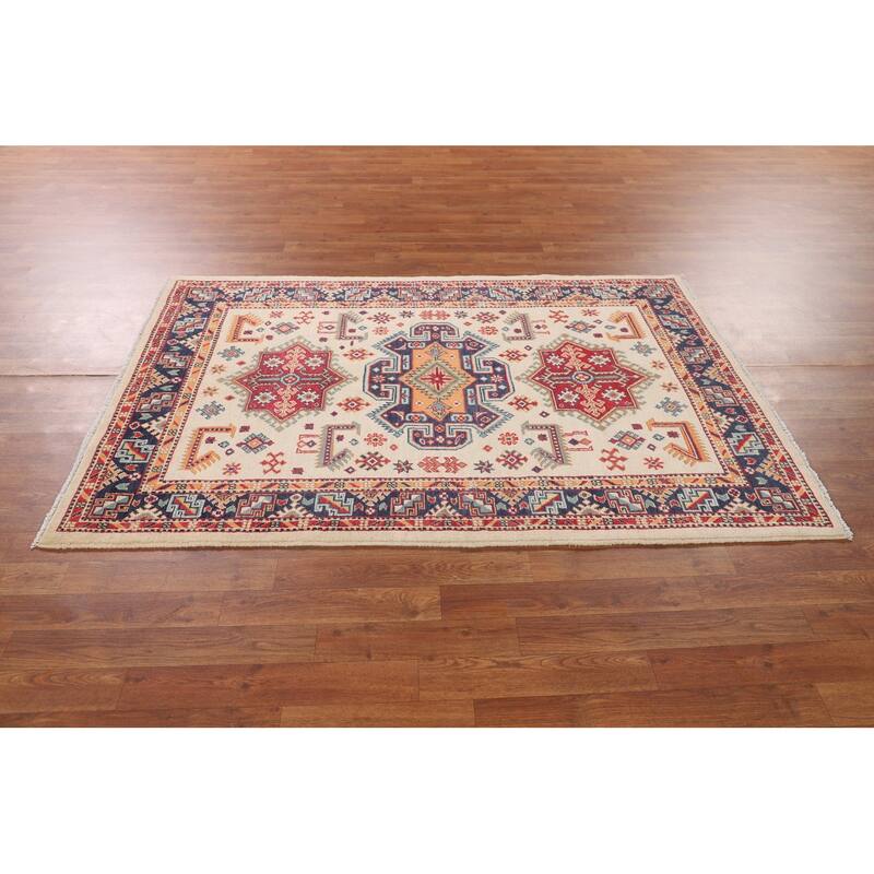 Kazak Area Rug Hand-Knotted Oriental Wool Carpet - 3'11" x 6'0"