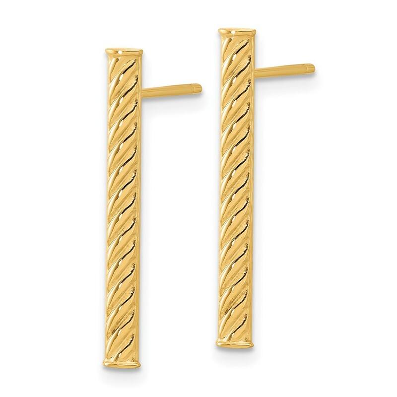 Curata 14k Yellow Gold Polished and Textured Bar Post Earrings - 25.47x2.91mm