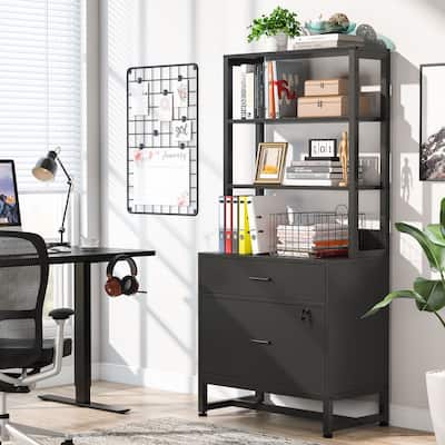 Brown/ Black Wood Industrail File Cabinet with Lock, Mdern Bookshelf with 2 Drawers, Etagere Bookcase