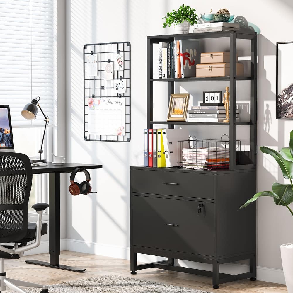 Brown/ Black Wood Industrail File Cabinet with Lock, Mdern Bookshelf with 2 Drawers, Etagere Bookcase