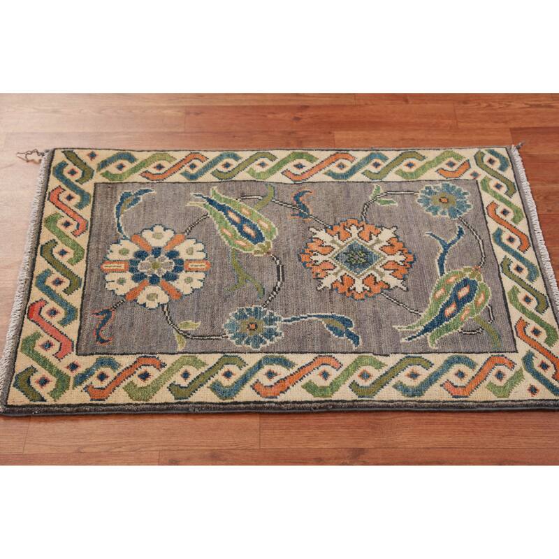 Gray Floral Kazak Oriental Accent Foyer Rug Handmade Wool Carpet - 2'0"x 3'0" - 2'0"x 3'0" - Grey