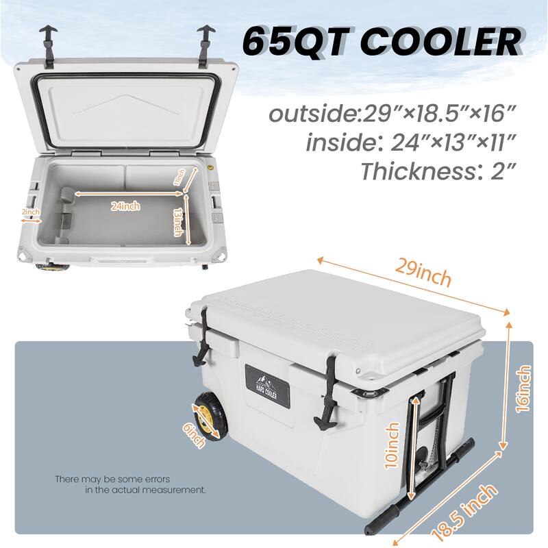 65 Quart Khaki Cooler, Ultra-Tough Hard Shell Ice Chest, Heavy-Duty Insulated Portable Cooler with 6-Day Ice Retention