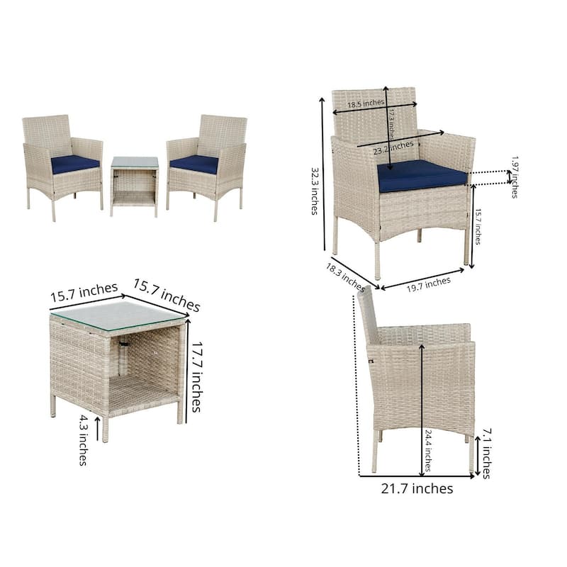 BTEXPERT Tempered Gray/Navy Blue Outdoor Wicker Conversation 3 Piece Bistro Garden Patio Set