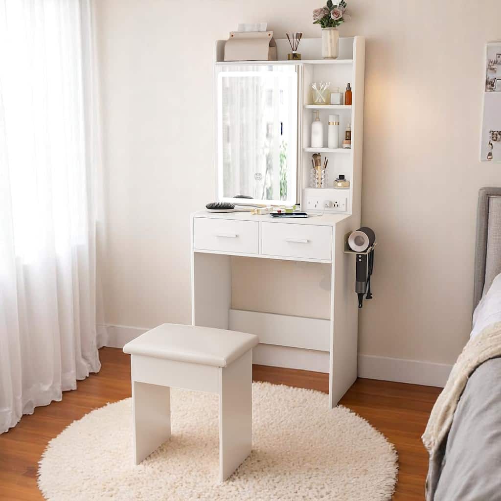 KISRAIS 23.62" Small Size Vanity Desk with Brightness Adjust LED Mirror, Cushioned Stool, Power Station, and Hair dryer bracket