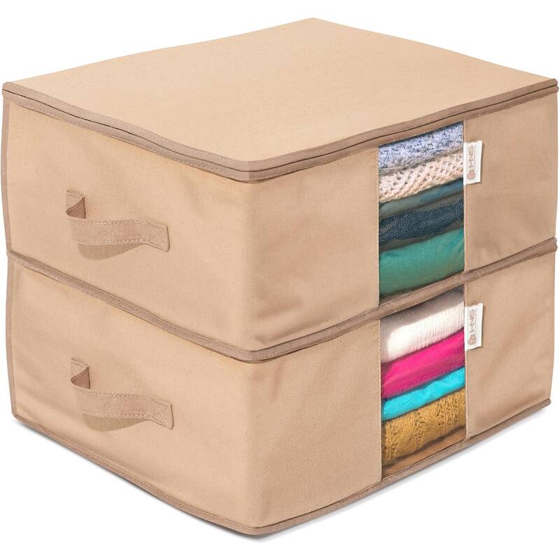 Clothes Storage Bag Organizer with Cedar Insert to Protect from Moths, Moist, Dirt, Dust etc. - Set of 2 Bags - Beige