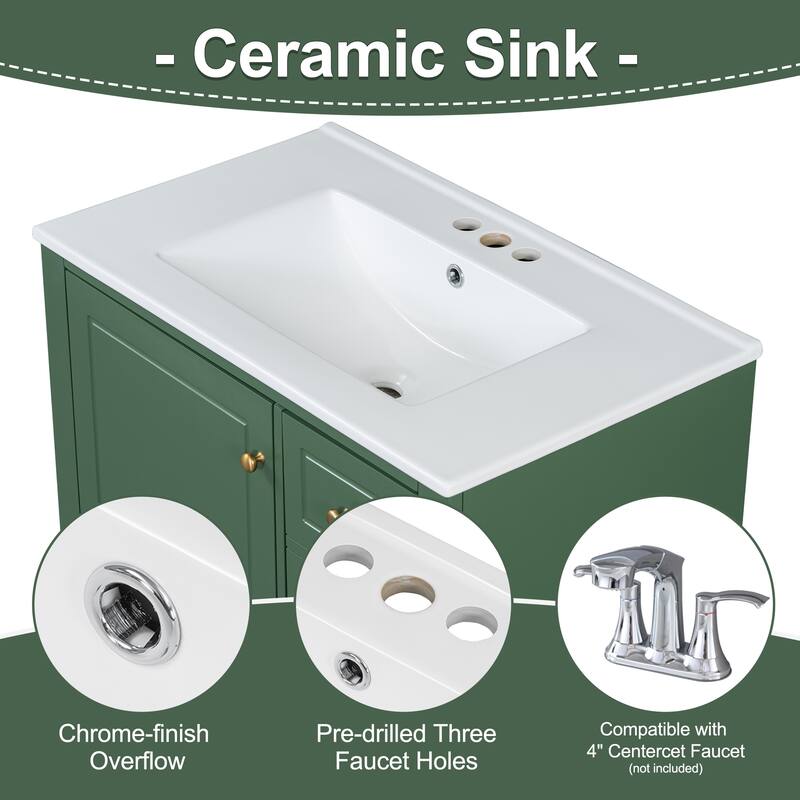 30" Bathroom Vanity with One Door, 3 Drawers, Ceramic Sink, and Soft-Close Hinges