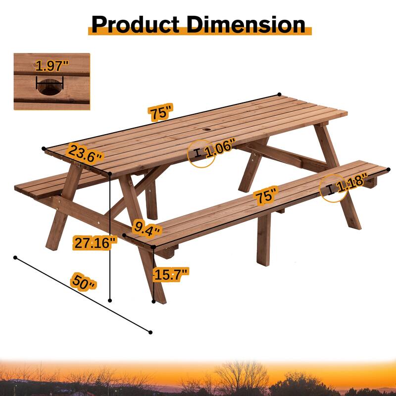 8 Person Wooden Picnic Table - Outdoor Camping Dining Table with 2 Built-in Benches, DIY, 2220 lb Capacity