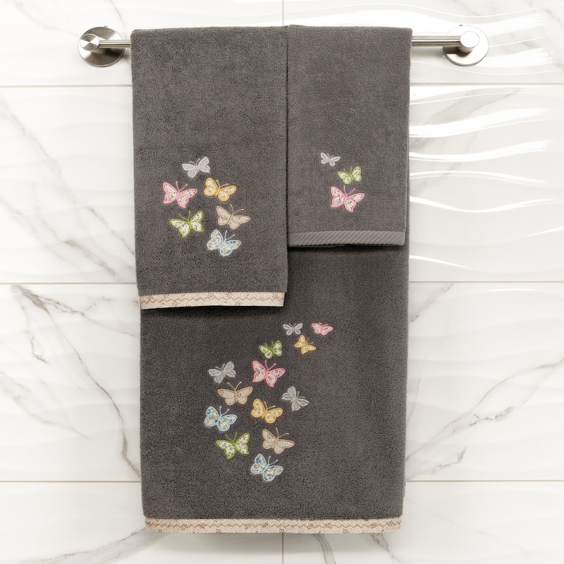 Authentic Hotel and Spa 100% Turkish Cotton Mariposa 2PC Embellished Fingertip Towel Set
