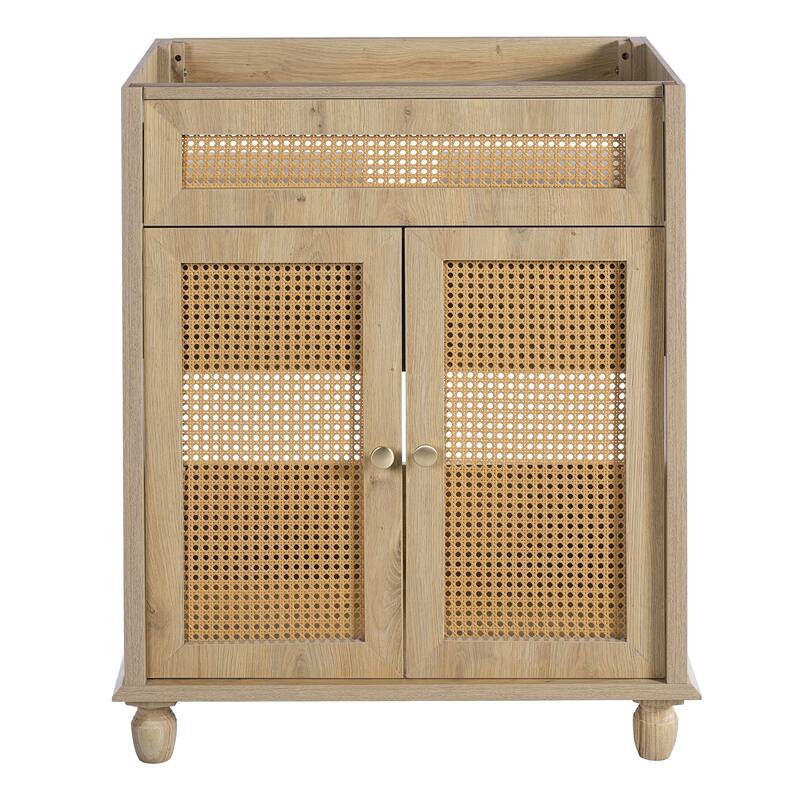 30-Inch Bathroom Vanity: Handwoven Rattan Doors, Solid Wood Legs & Resin Basin