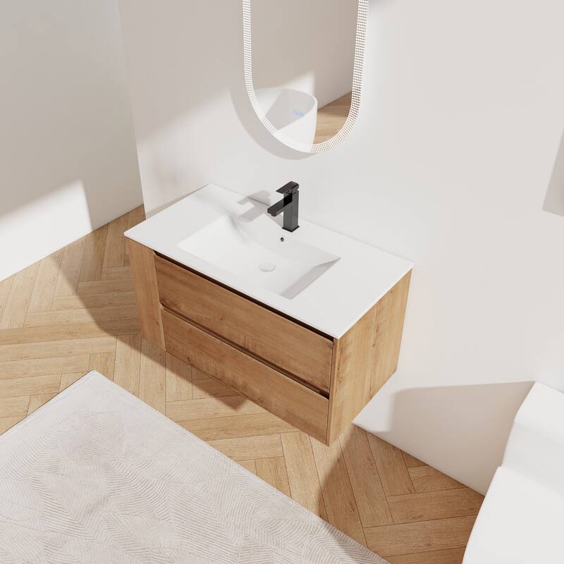 35.9-Inch Modern Bathroom Vanity with Ceramic Sink, Adjustable Side Shelf, Soft-Close Drawers, and 45° Beveled Invisible Handle