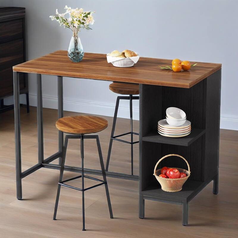 Freestanding Kitchen Walnut Top Island with 5 Open Shelves and Adjustable Feet Black Metal Frame - 43.3”L x 23.62”W x 35.43”H