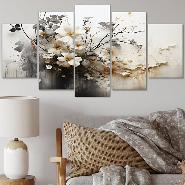 slide 2 of 7, Designart "Bohemian Earthly Floral Collage I" Abstract Multipanel Wall Art Living Room set 60 In. Wide X 32 In. High - 5 Panels Diamond Shape