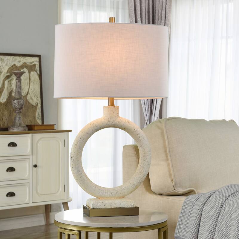 Speckled Cream Table Lamp - Textured and Brushed Brass Body - Off-White Shade