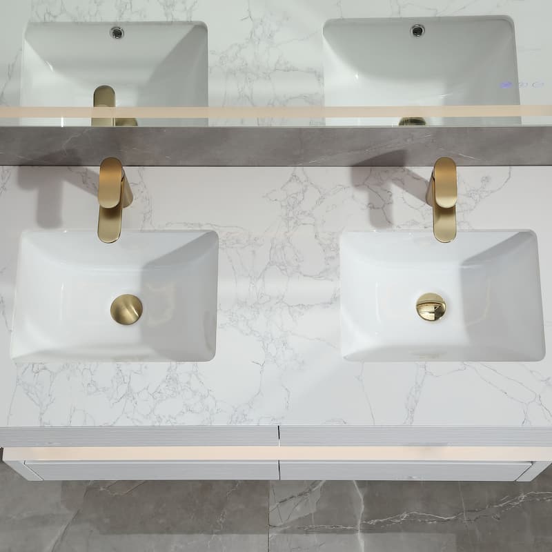 Modland 36/48 Inch LED Floating Vanity with Marble Top & Soft-Close Drawer - Green/White, Wall Drain Ready