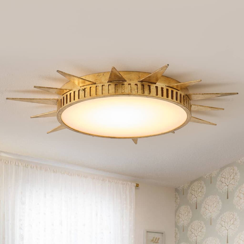 25-Inch Antique Hand Painted Gold Sunburst Flush Mount Ceiling Light