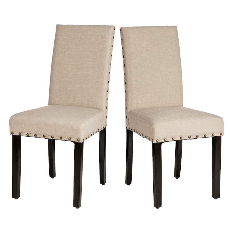 Glitzhome 38''H Set of 2 High Back Linen Fabric Studded Dining Chairs with Footpads - Cream White