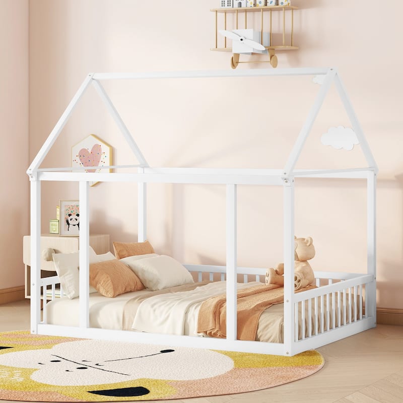 Full Size Pine Wood Floor Bed with House Roof & Guardrails