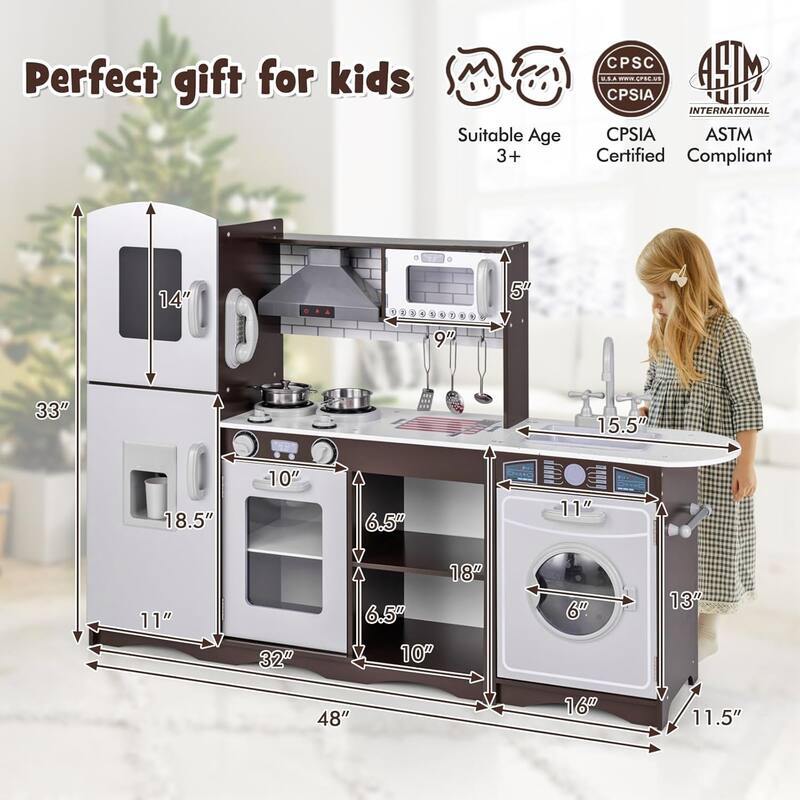 Wooden Play Kitchen Set w/ Washing Machine & Ice Maker