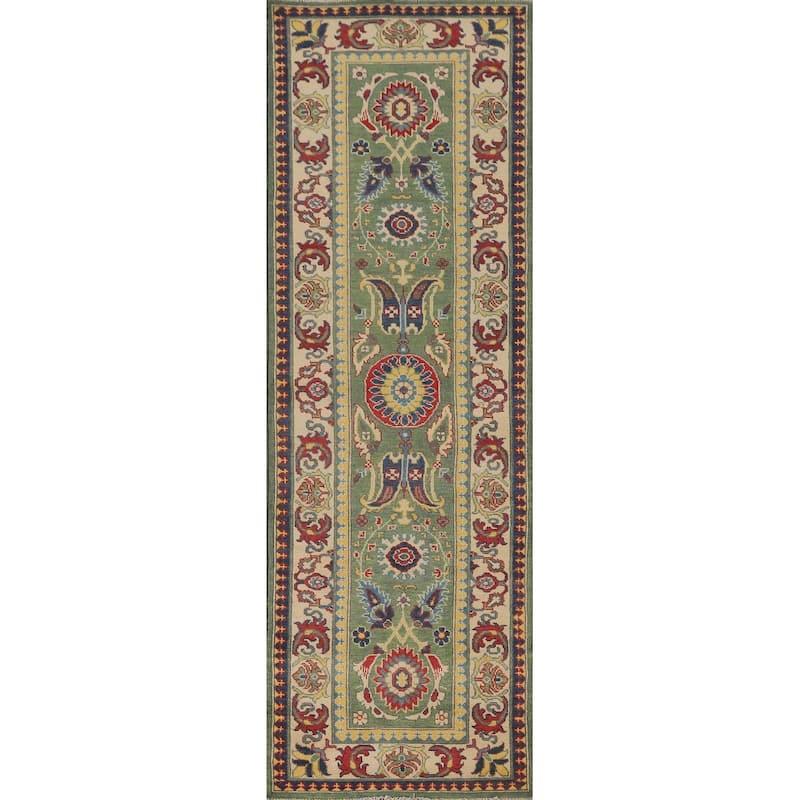 Green Floral Kazak Runner Rug Hand-Knotted Wool Carpet - 2'8" x 9'7"