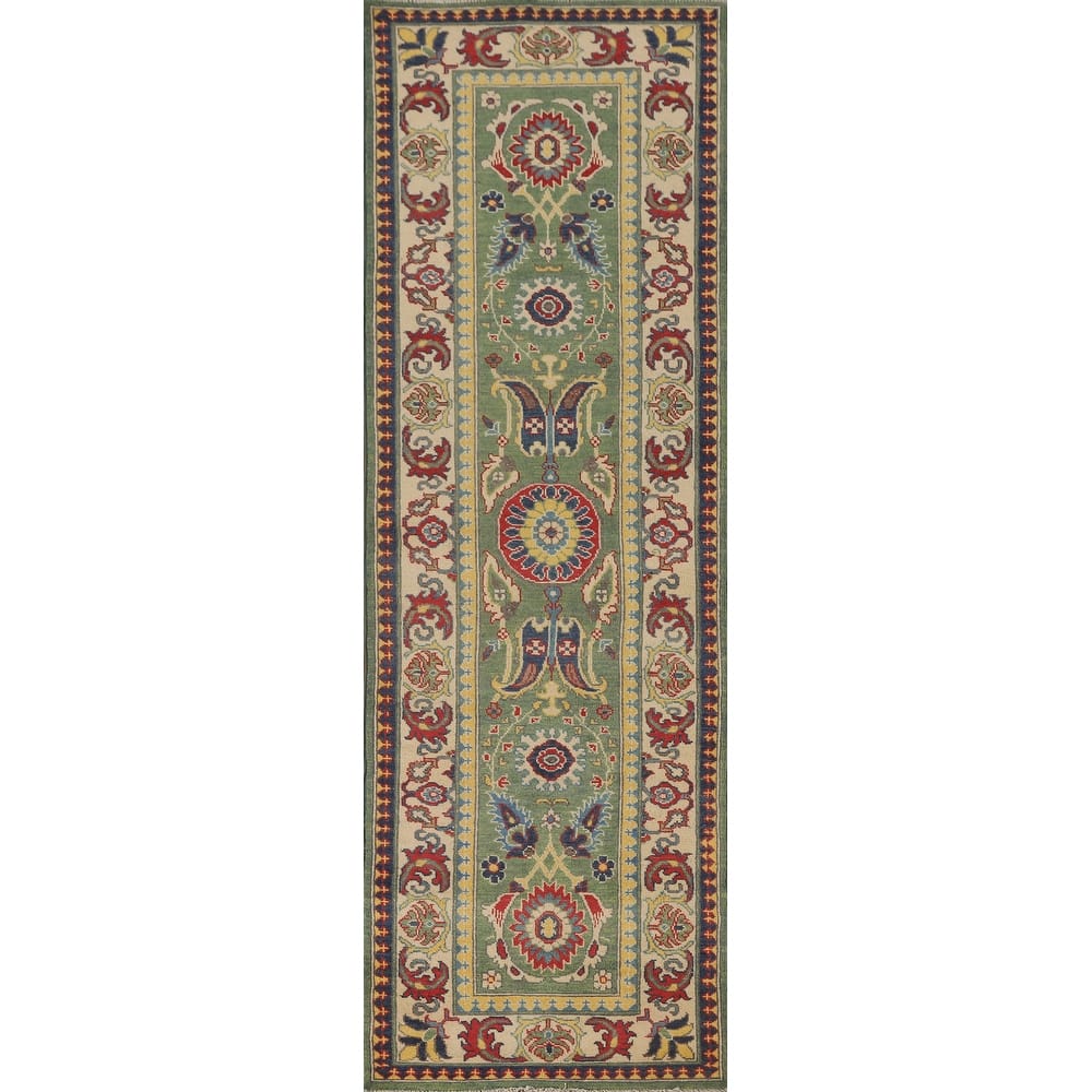 Green Floral Kazak Runner Rug Hand-Knotted Wool Carpet - 2'8" x 9'7"