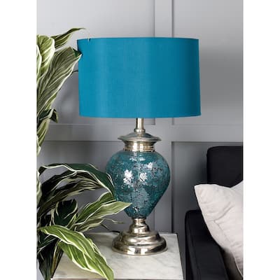 Blue Glass Table Lamp with Drum Shade - 8 x 8 x 28