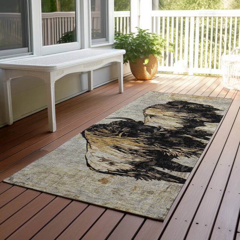Machine Washable Indoor/ Outdoor Modern Buffalo Chantille Rug - Khaki - 2'3" x 7'6"