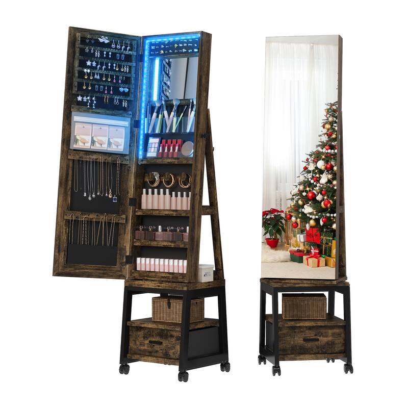 360° Swivel Jewelry Cabinet Length Mirror with Jewelry Storage