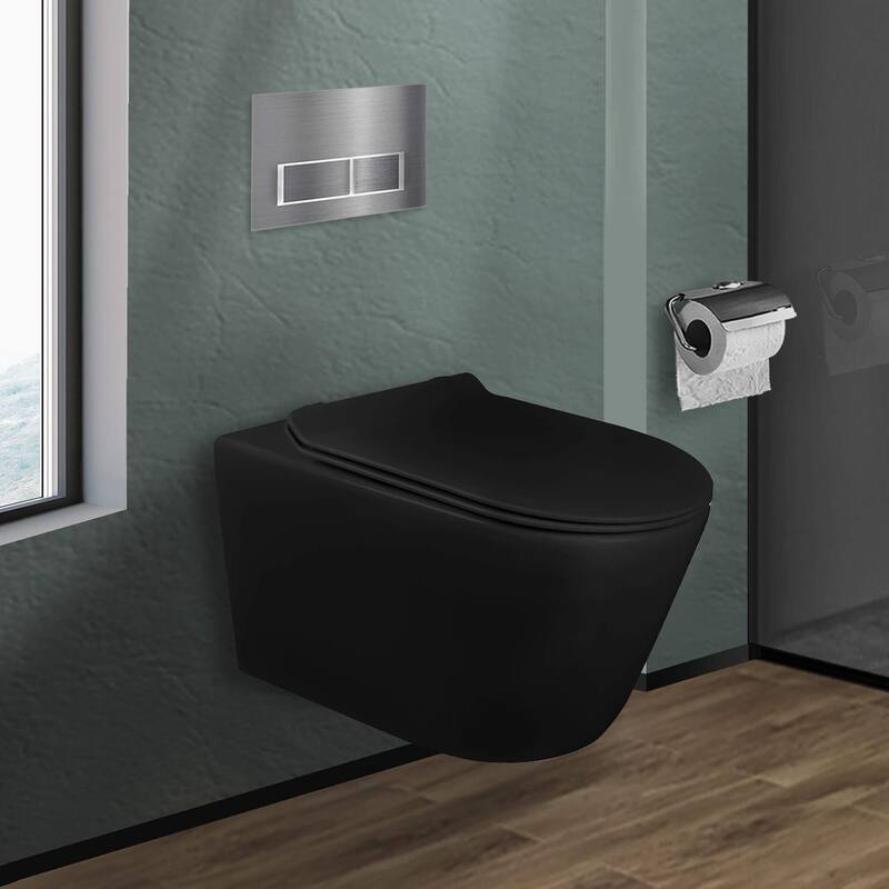 In-Wall toilet Combo Set - Toilet, Tank (2 x 4 Wall), Carrier System - Chrome Rectangular - Push Plates (Plastic) - Black Bowl