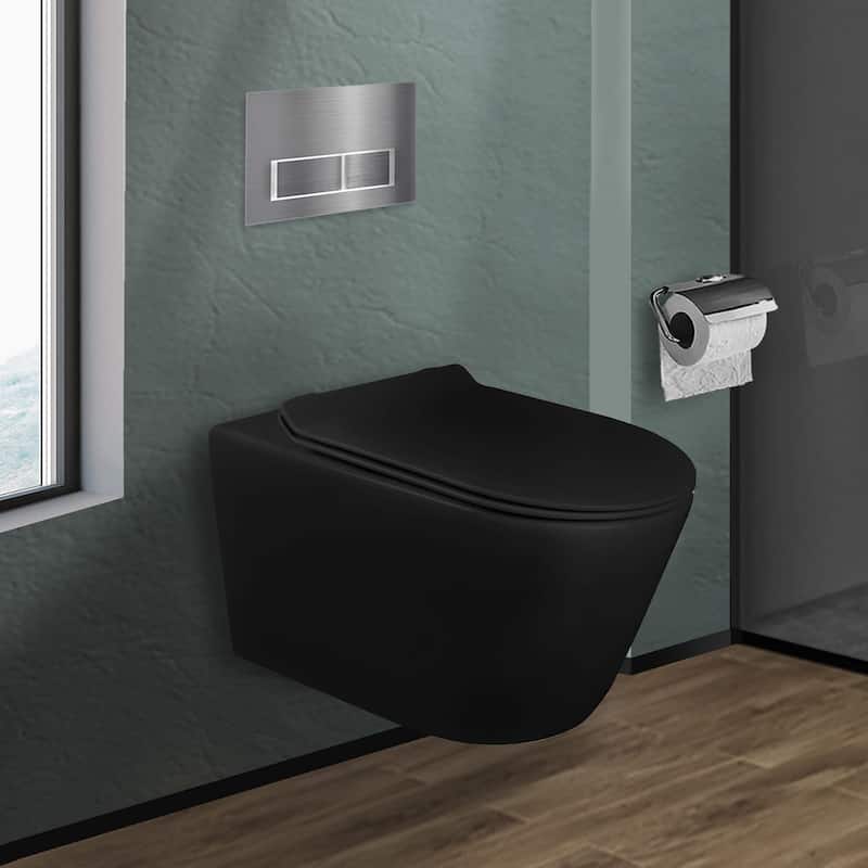 In-Wall toilet Combo Set - Toilet, Tank (2 x 6 Wall), Carrier System - Chrome Rectangular - Push Plates (Plastic) - Black Bowl