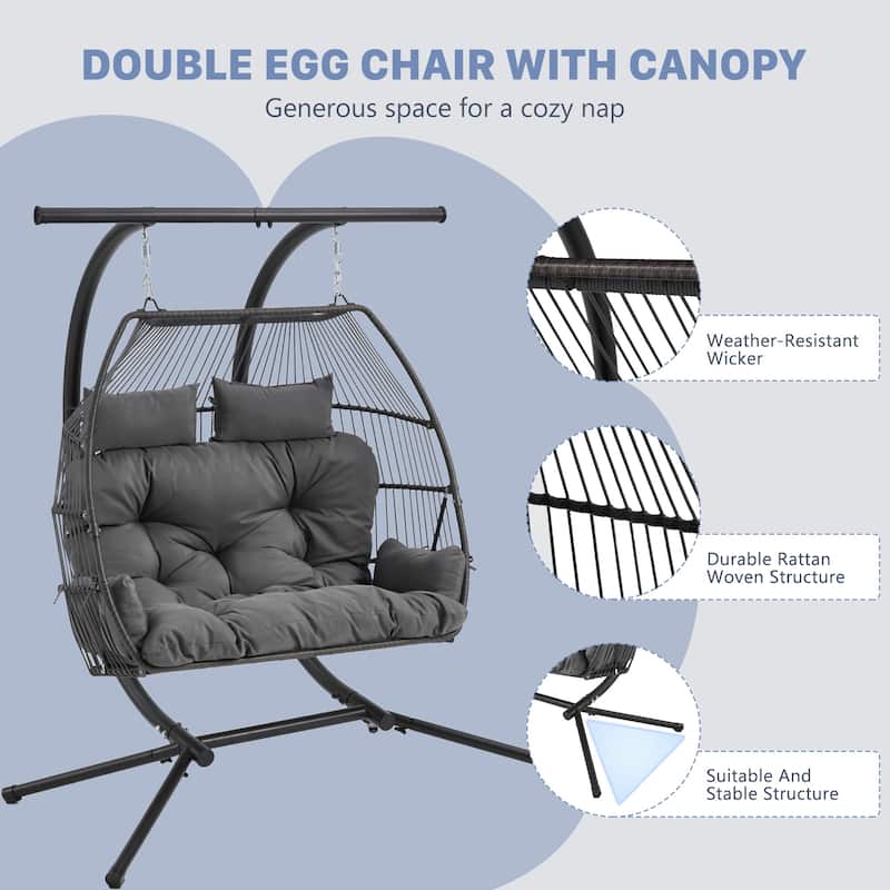 Double Hanging Egg Chair with Adjustable Canopy - Outdoor Swing Chair with Stand, Cushions & Pillows - Wicker Rattan Hammock.