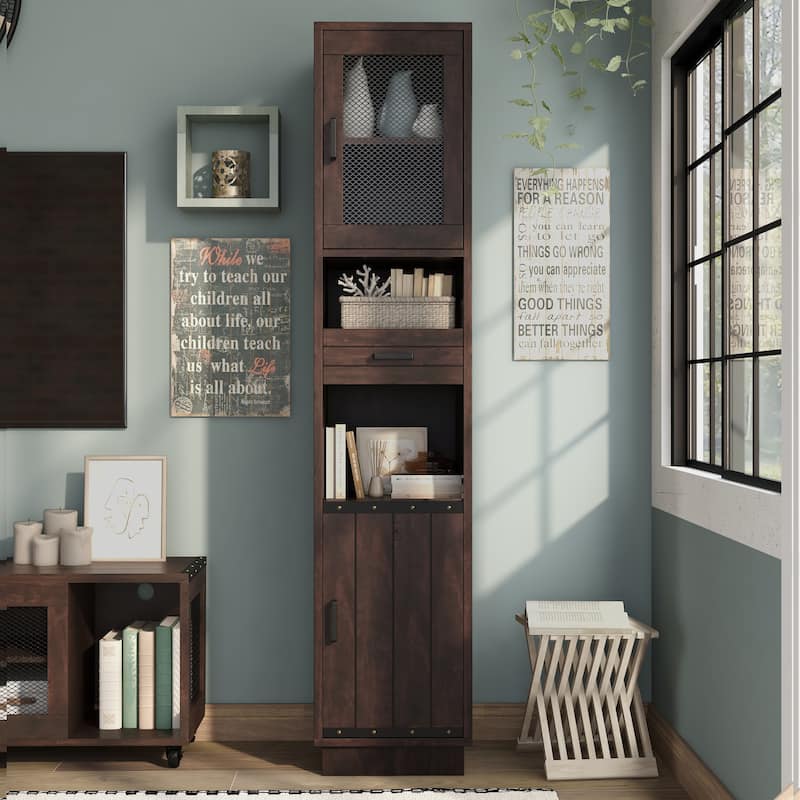 Hury Farmhouse Walnut Multi-Storage TV Tower by Furniture of America