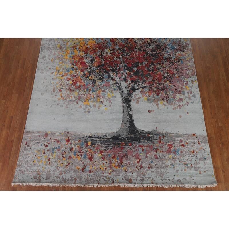 Hand Knotted Oriental 100% Silk Carpet Modern Floral Greys & Charcoal Abstract Area Rug - 10' 3'' X 8' 0''