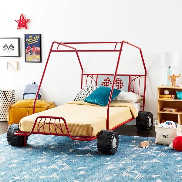 slide 2 of 16, Twin Size Car Model Bed with Four Wheels, Supported by an Iron Frame Red
