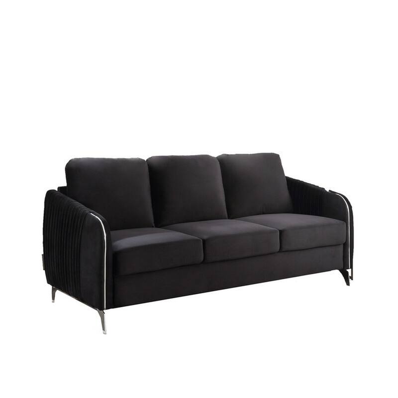 77 Inch Modern Sofa, Vertical Quilted Design, Jet Black Velvet Fabric - Black