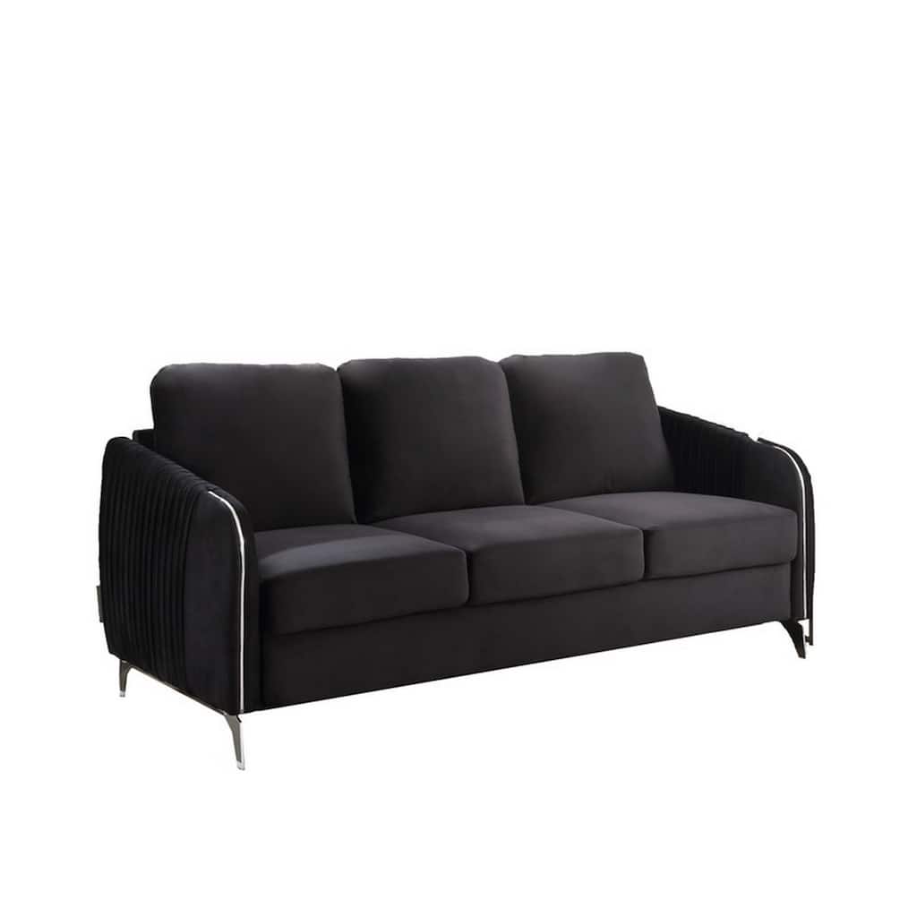 77 Inch Modern Sofa, Vertical Quilted Design, Jet Black Velvet Fabric
