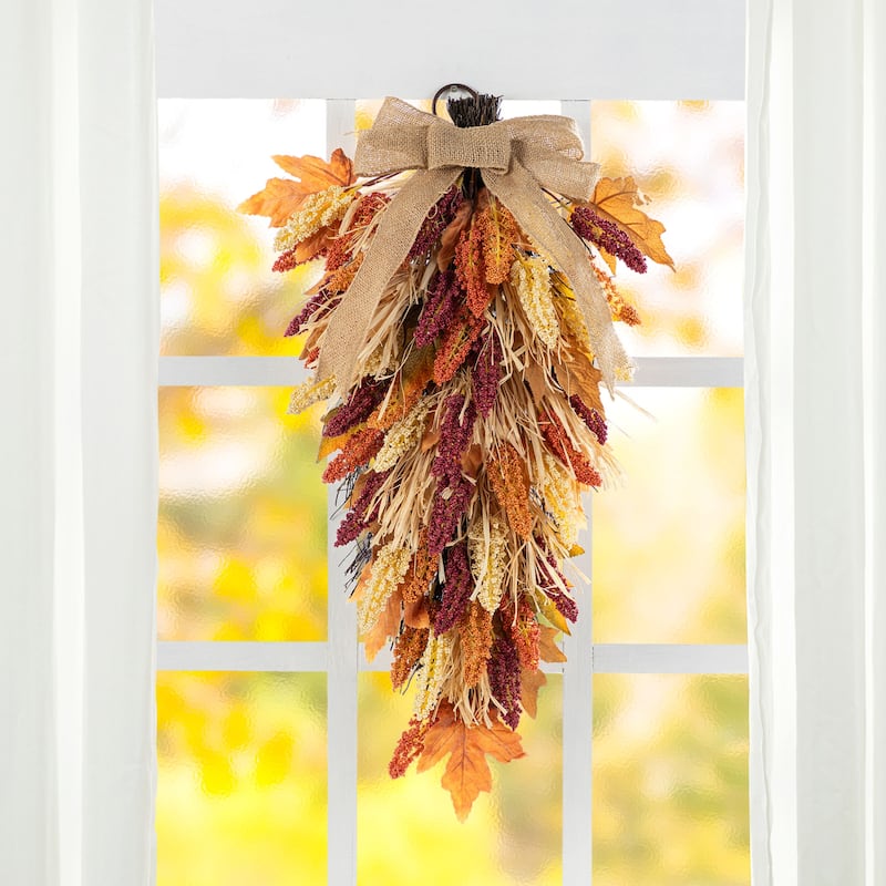 Glitzhome 26"H Fall Sunflower Pumpkin Lotus Leaf Teardrop Swag for Thanksgiving