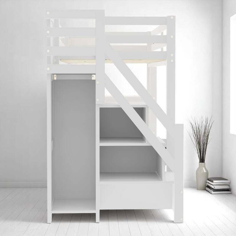Twin/Full Size White Loft Bed with Storage Shelves, Staircase, Wardrobe & LED Light - Pine Wood Frame