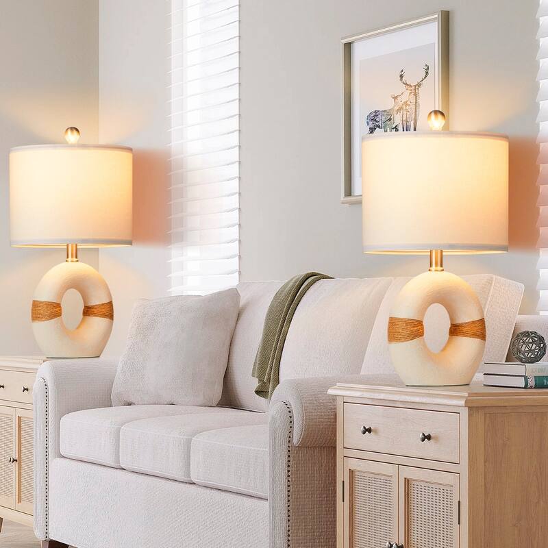 Table Lamps Resin White Donut Style Rotary Switch Jute Rope Accessory (Set of 2) - 9.5'' x 9.5'' x 18'' (L x W x H)