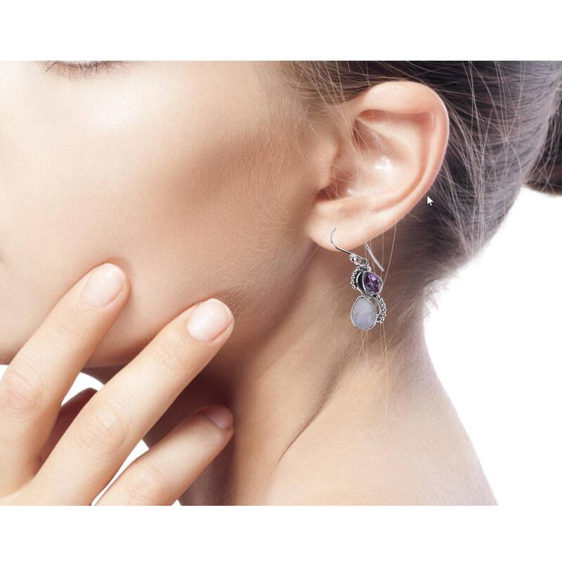 Handmade Amethyst and Rainbow Moonstone Dangle Earrings (India) - 1.4*0.4