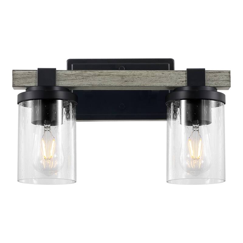 Ferme Iron/Seeded Glass Rustic LED Vanity Light, by JONATHAN Y - 2-Light - Black/Gray Oak Wood Finish