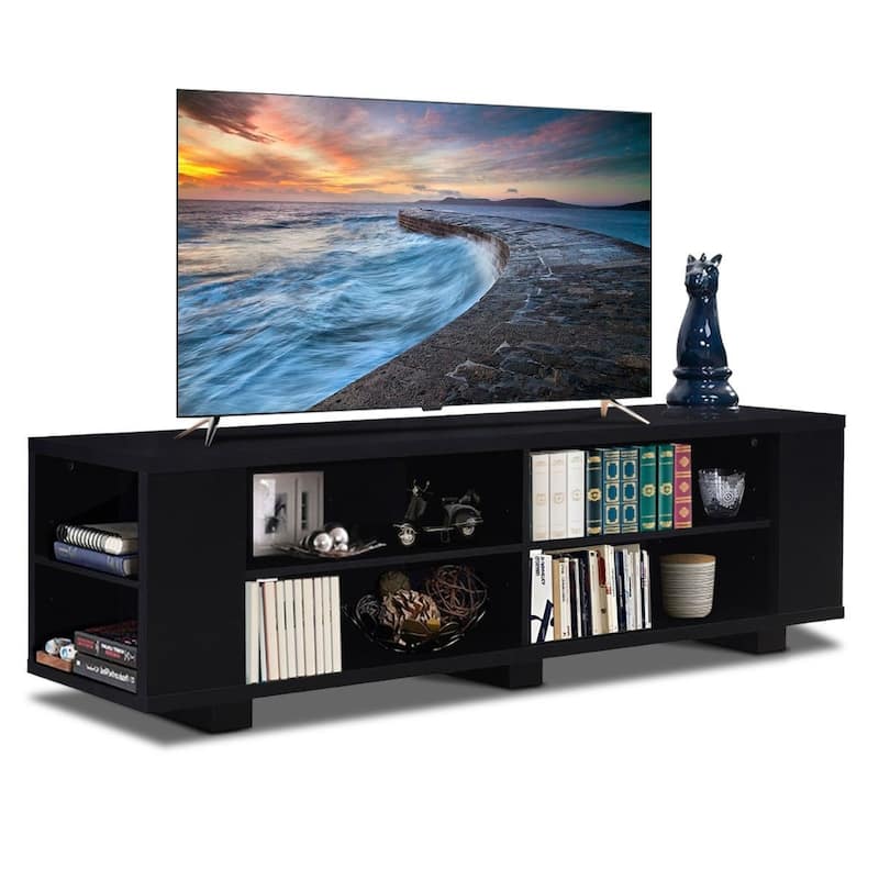 Modern Entertainment Center in Black Wood Finish - Holds up to 60-inch TV - 59" x 15.5" x 17.5" (L x W x H)