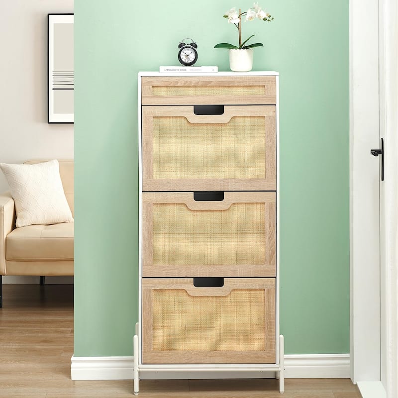 Rattan Shoe Cabinet with 3 Flip Drawers and 1 Small Drawer