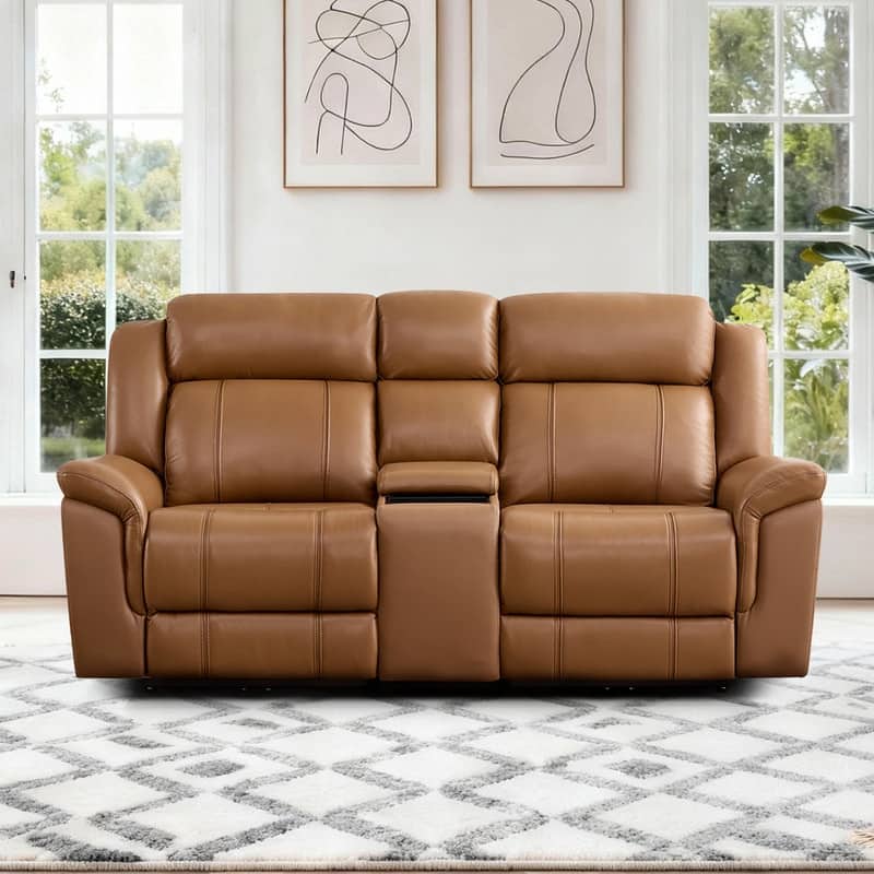 Spruce & Spring Genuine Leather Power Reclining Sofa with Optional Console & Flip-Down Table