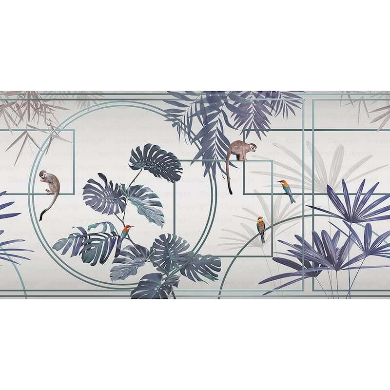 Modern Tropical Jungle Wallpaper Mural with Monkeys and Exotic Birds