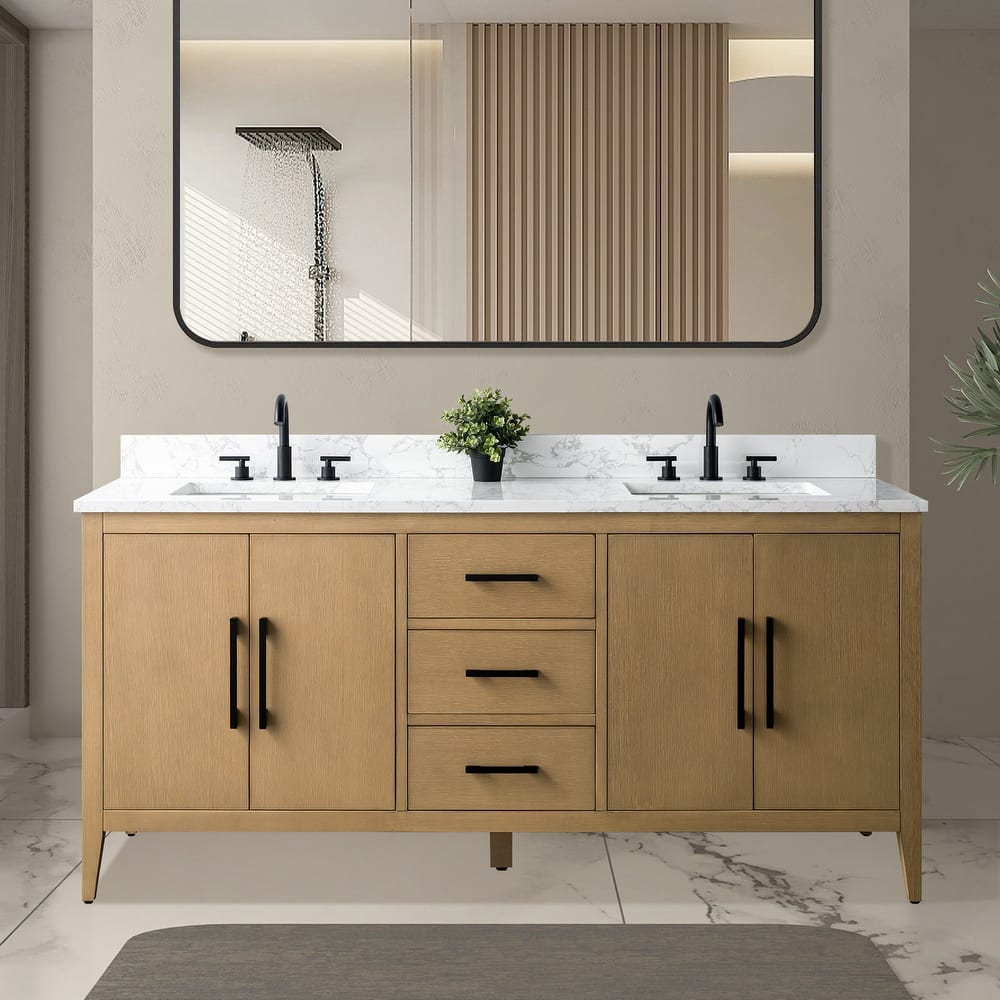 Vanity Art 72" Double Sink Bathroom Vanity Cabinet with Engineered Marble Top