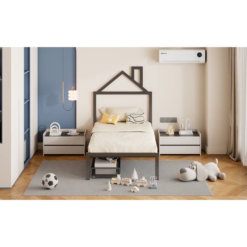 Twin Size Metal Platform Bed with Two Drawers & House Headboard