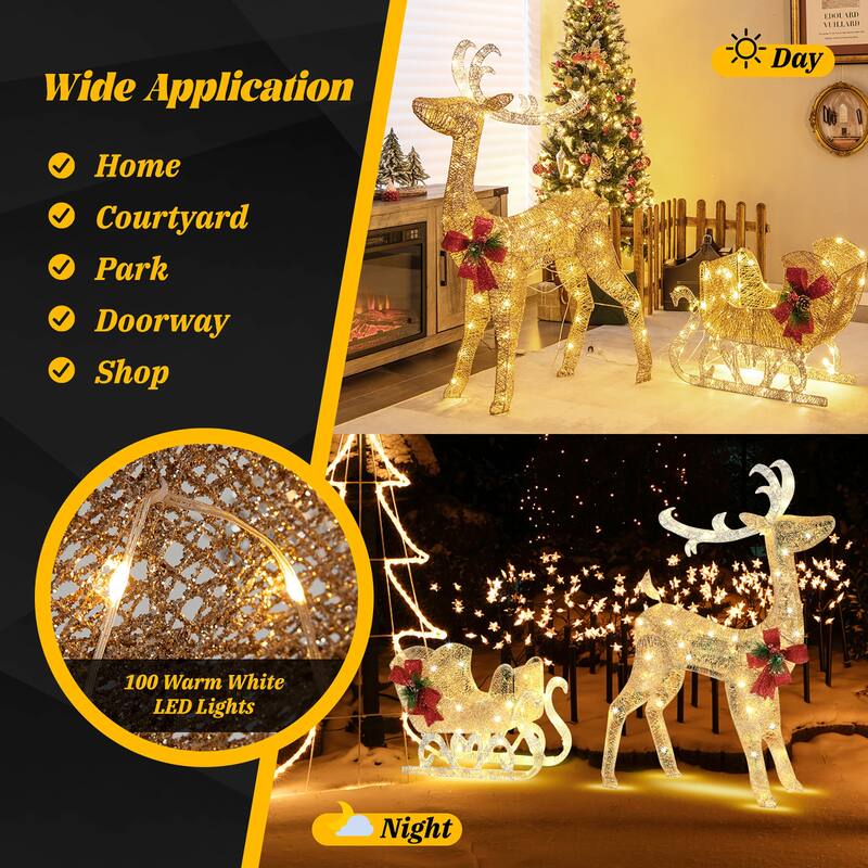 Costway Lighted Christmas Reindeer & Sleigh, Outdoor & Indoor - See Details