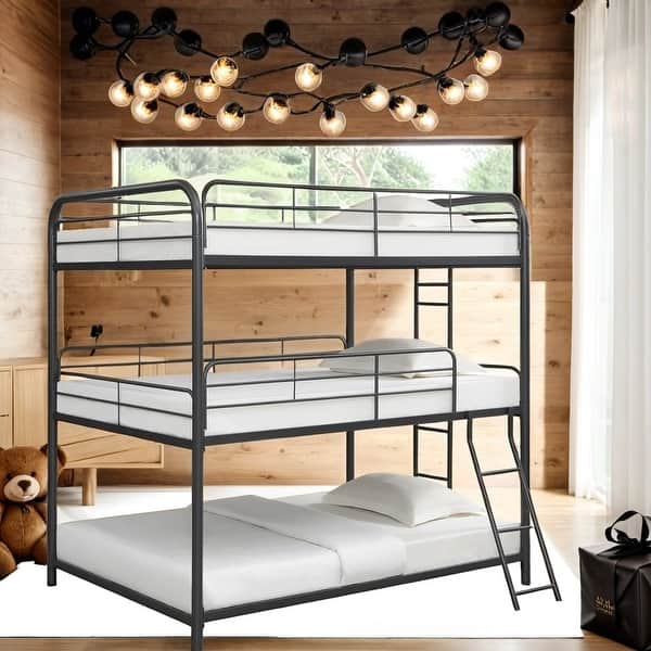 slide 2 of 10, Full Size Triple Bunk Bed, Not Convertible, No Box Spring Needed Black